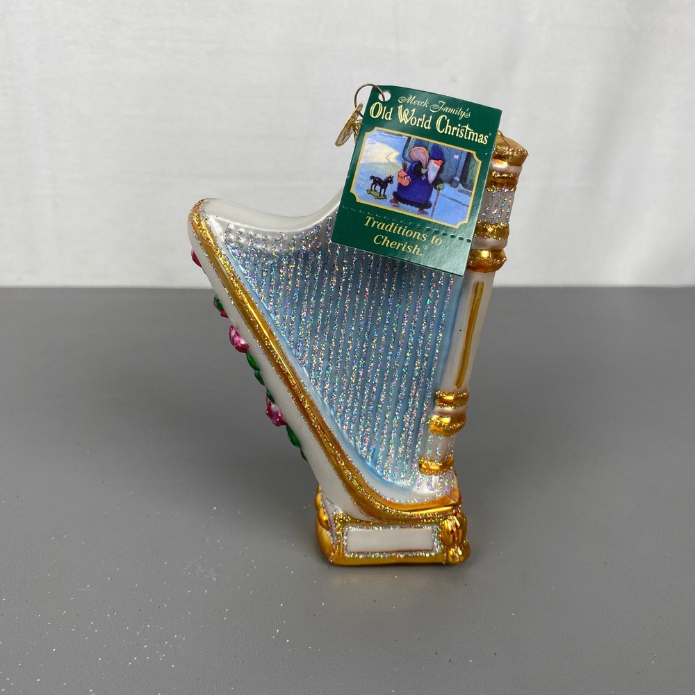 NOS Old World Christmas Elegant Harp Glass Ornament Floral Musical Instrument